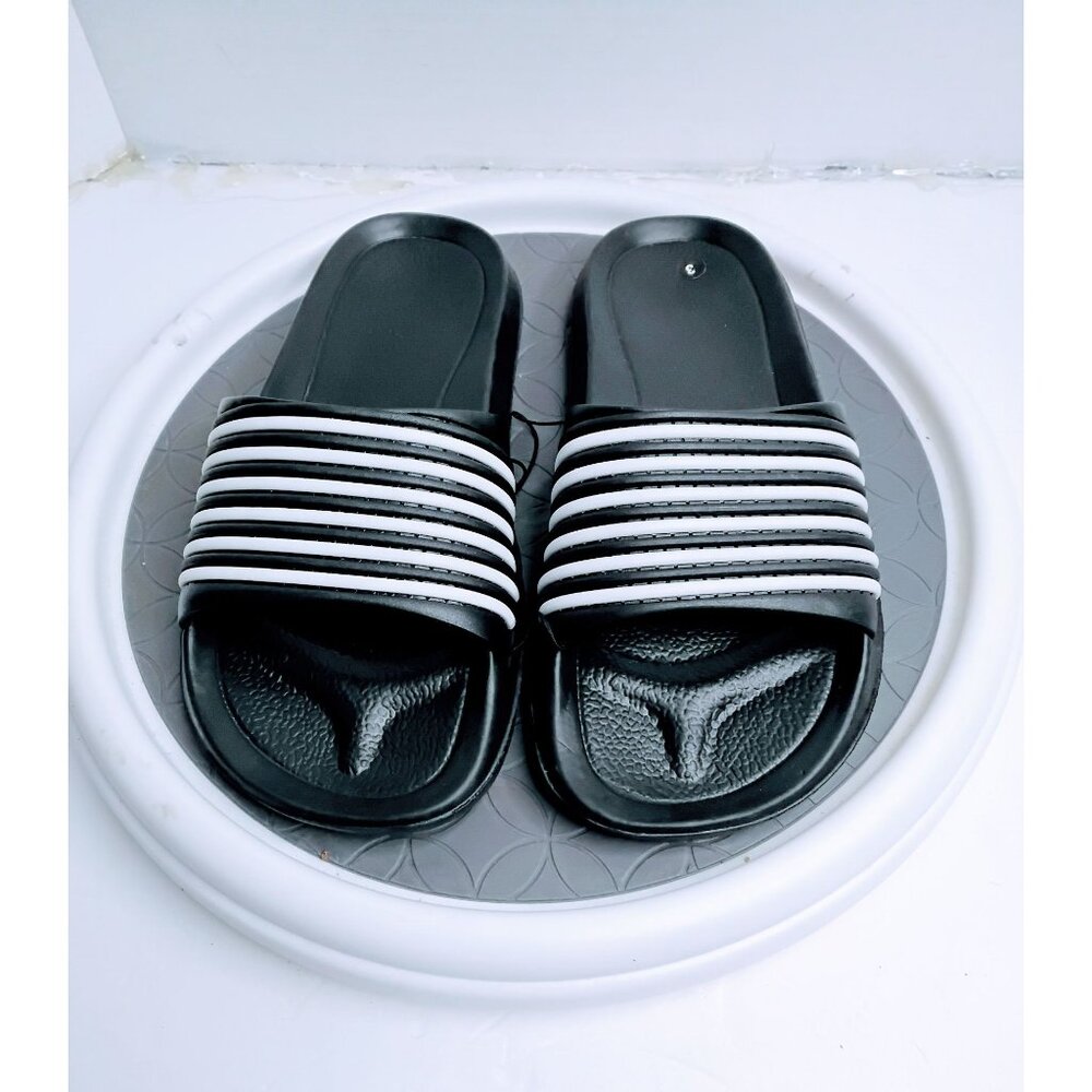 Black Slide Sandals With White Stripes & Textured Soles Boys Size 3 Durable Ligh